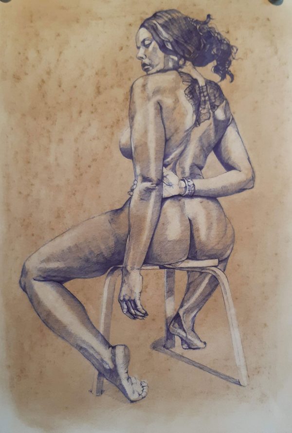 Nude sat on stool,back view,mounted on card